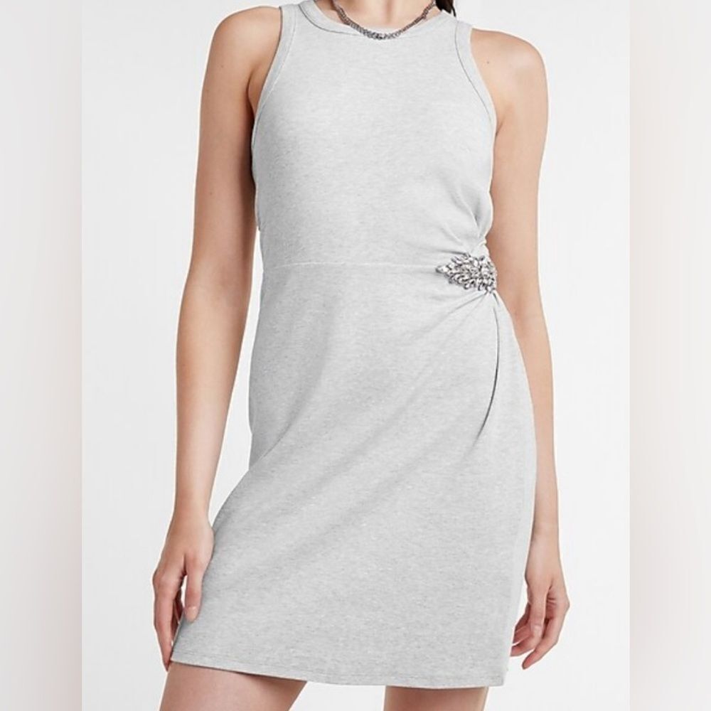 Express Rhinestone Side Brooch Sleeveless Dress Heather Grey M